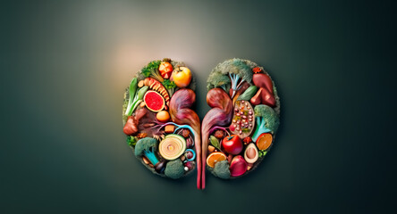 A kidney shape artfully crafted with fresh fruits, vegetables, and healthy food items, symbolizing nutritious diet and well-being, set against a dark backdrop.