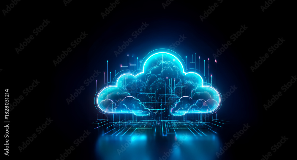 Poster a luminous blue cloud icon radiates on a dark backdrop, symbolizing digital connectivity and data fl
