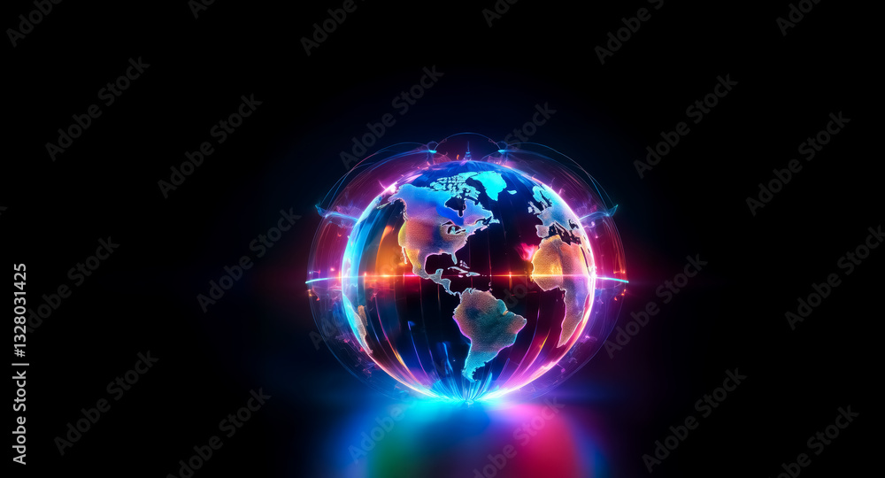 Poster a vibrant globe with glowing neon outlines and light trails is isolated against a stark black backdr