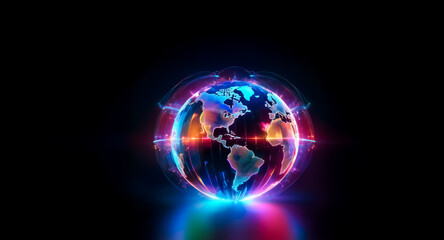A vibrant globe with glowing neon outlines and light trails is isolated against a stark black backdrop, creating a futuristic and technological atmosphere.