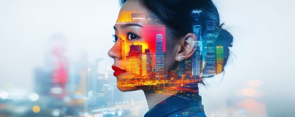 Obraz premium Portrait of woman with city skyline superimposed across her face