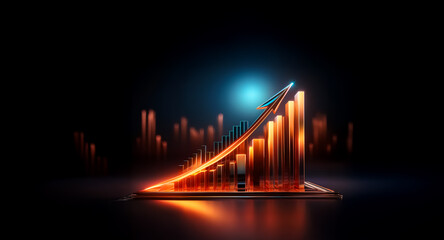 Abstract glowing bar chart displays upward trend with vibrant orange bars against a dark backdrop.  Blue light highlights the dynamic growth and visual data representation.