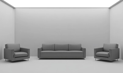 Minimalist gray sofa set in empty white room.