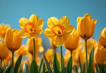Obraz premium Vibrant Yellow Flowers with Bright Petals Under Clear Blue Sky in Sunlit Garden Setting Showcasing Nature's Beauty and Springtime Blooms