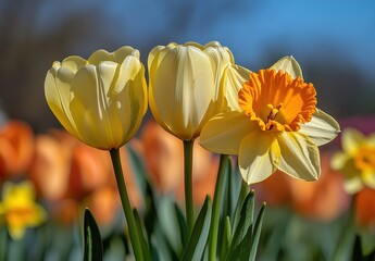 Obraz premium Vibrant Yellow Tulips and Daffodil Blooming in a Sunny Garden Setting Under Clear Blue Sky with Soft Focus Background of Colorful Tulips