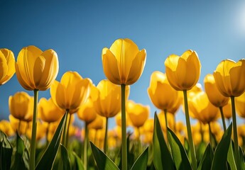 Fototapeta premium Vibrant Yellow Tulips Bathed in Sunlight Under a Clear Blue Sky in a Beautiful Spring Field
