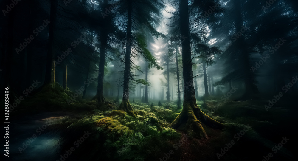 Poster enchanting dark forest with mist. tall trees and moss-covered ground create a mysterious, slightly e
