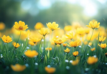 Fototapeta premium Vibrant Yellow Wildflowers Blooming in a Lush Green Meadow under Soft Sunlight with Blurred Background Creating a Dreamy Atmosphere of Nature's Beauty