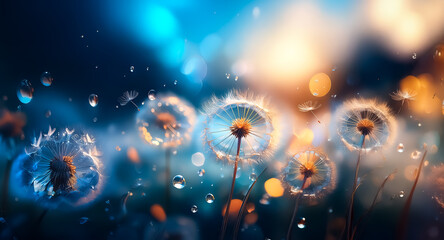 Dandelions with delicate seeds and water droplets are illuminated by soft, golden light against a blurred blue and orange backdrop, creating a serene and dreamy nature scene.