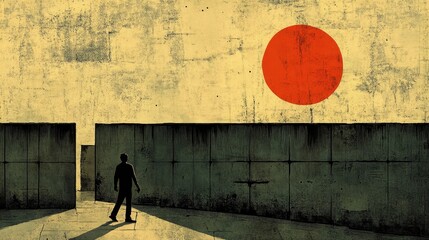A Solitary Figure Contemplating an Immense Red Orb Beyond Impenetrable Walls: A Journey of Discovery and Uncertainty