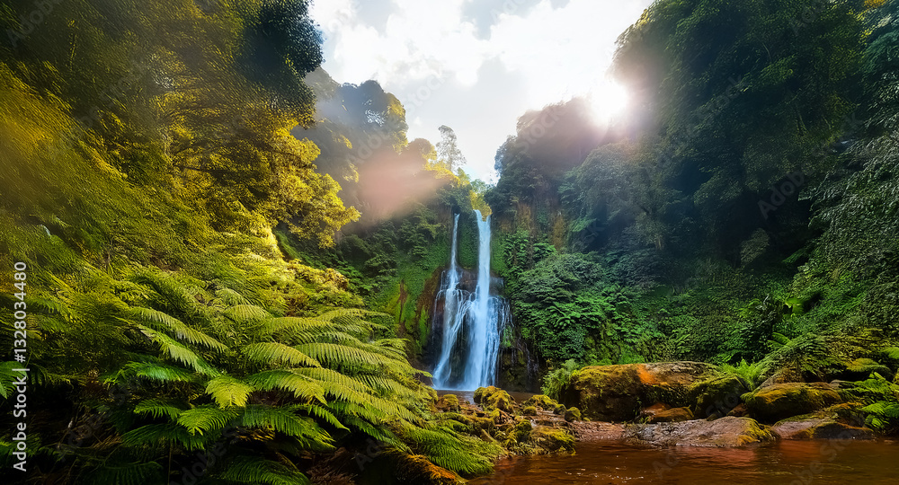 Poster sunlight filters through dense foliage, illuminating a beautiful waterfall cascading into a pool. lu