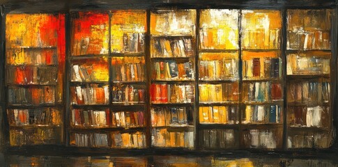 A vibrant oil painting of a brightly lit bookstore interior