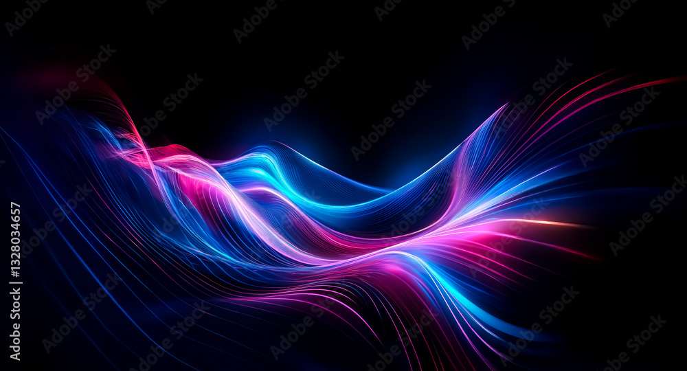 Poster abstract flowing waves of vibrant pink and blue light illuminate a dark backdrop, creating a dynamic