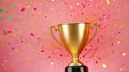 Gleaming Gold Trophy Cup Celebrating Victory with Colorful Confetti on Pink Background for Celebration Concepts and Success Themes in Modern Stock Photography