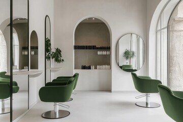 Minimalist hair salon interior with green chairs, arches, and mirrors.