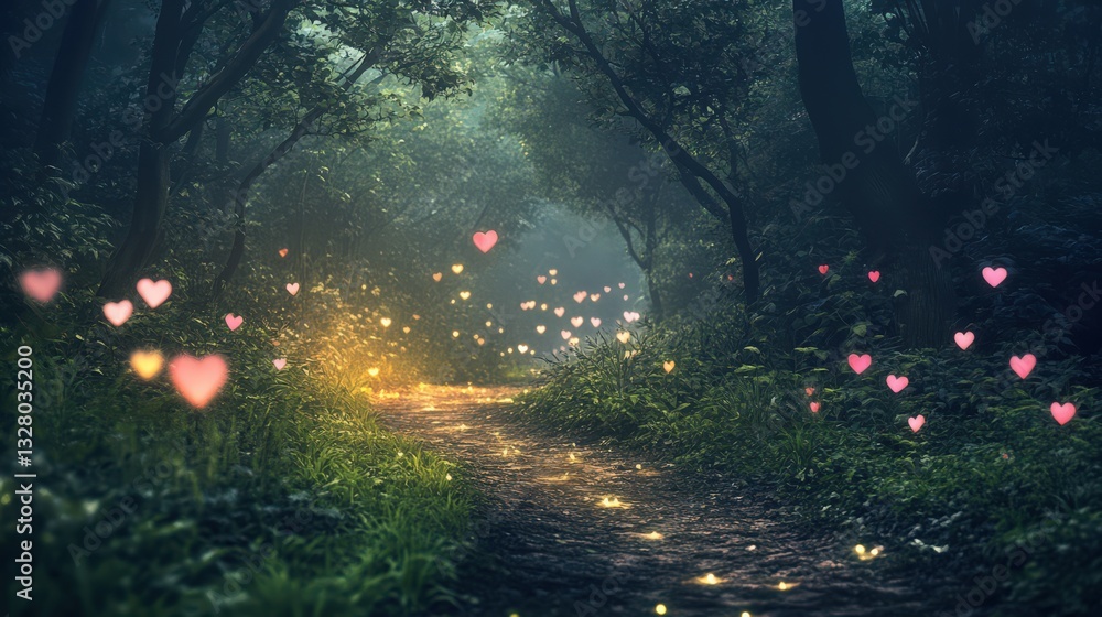 Poster enchanted forest path illuminated by floating hearts and magical glows