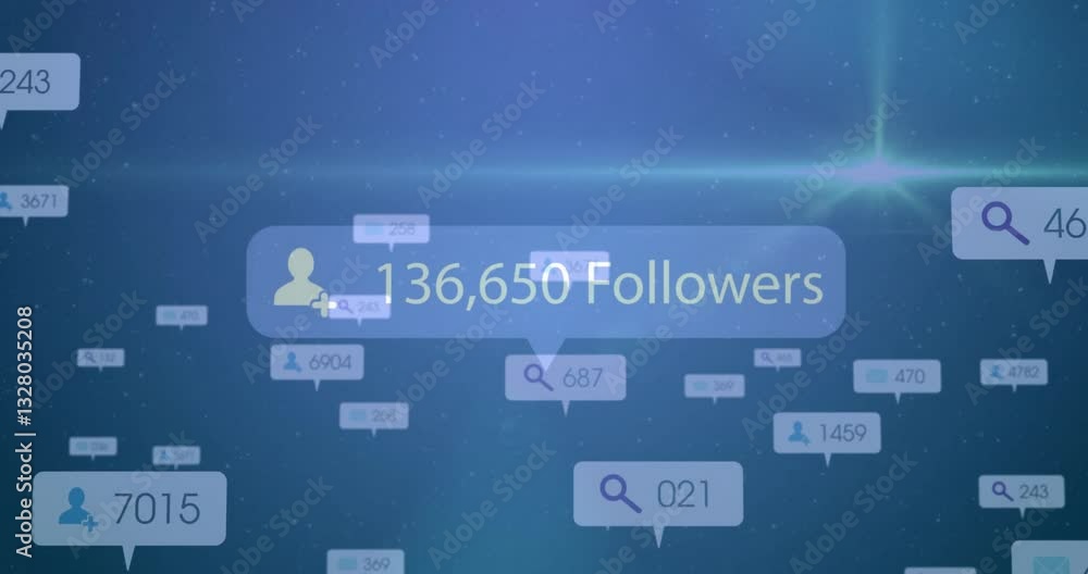 Poster animating social media follower count over digital network with search icons