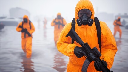 Naklejka premium Emergency responders in orange suits facing hazardous environment