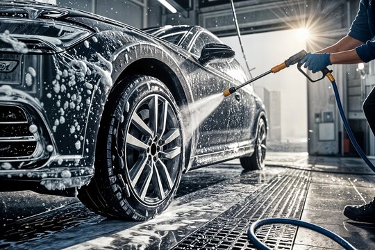 a close-up view of a car being cleaned at a car wash primer plano de un coche limpi&aacute;ndose en un t&uacute;nel de lavado