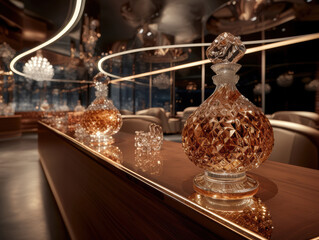 Obraz premium Ornate decanters filled with amber liquid line a luxurious bar, exuding sophistication and artistry.