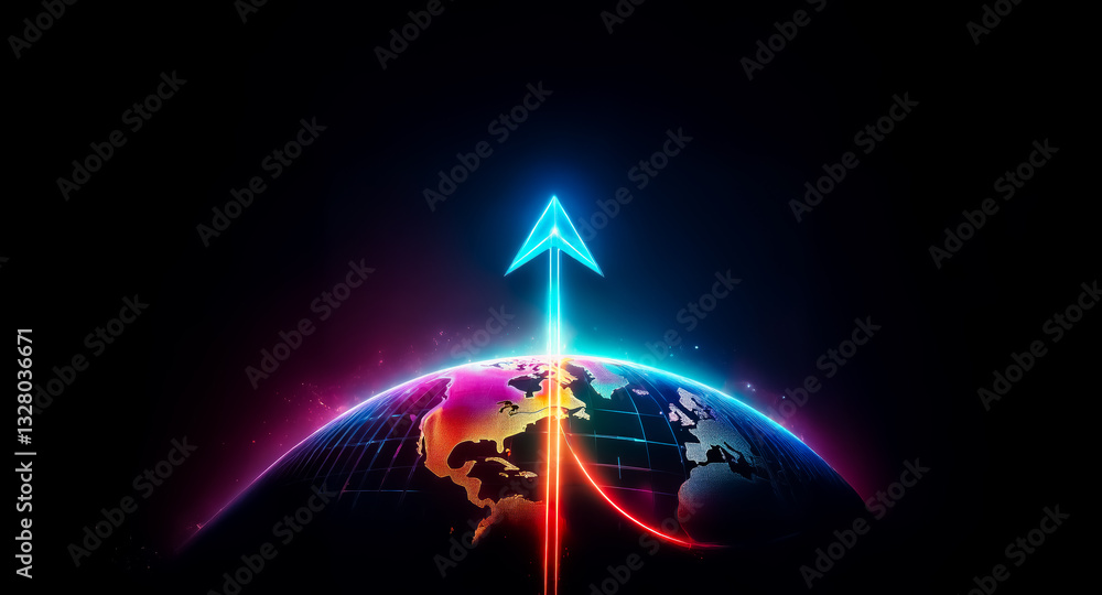 Poster neon arrow rises from a vibrant globe, symbolizing global progress against a dark backdrop. a futuri