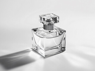 Translucent perfume bottle close up crystal glass elegant reflections luxury fragrance container delicate light refraction premium beauty monochrome high quality aesthetic soft fluid glow grey stylish
