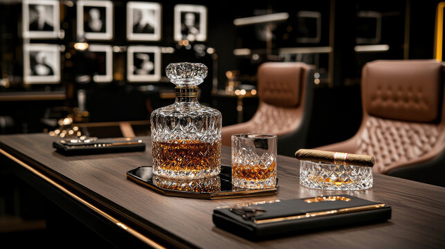 Sophisticated lounge setting with a decanter, whiskey glass, and cigar, framed by luxurious leather armchairs.