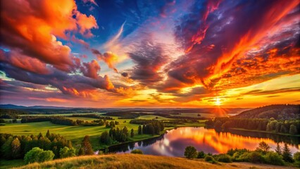 Obraz premium Dusk's colorful spectacle: a stunning sunset mirrored in the night's embrace.