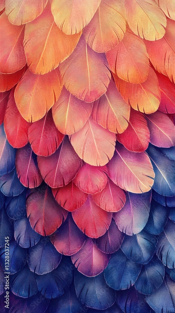 Poster beautiful and colorful feathers arranged in a layered and overlapping pattern