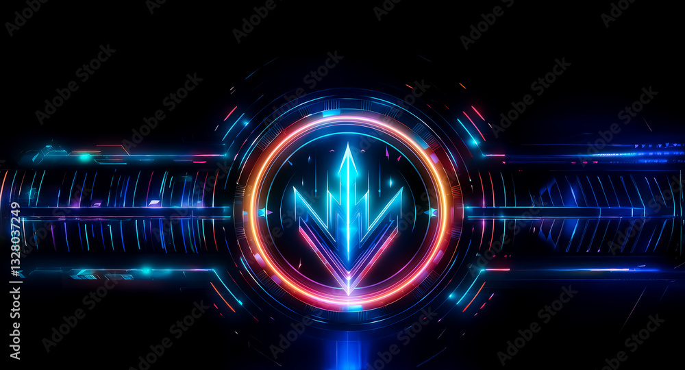 Aufkleber abstract glowing geometric design featuring a central stylized arrow shape within a neon circle. vib