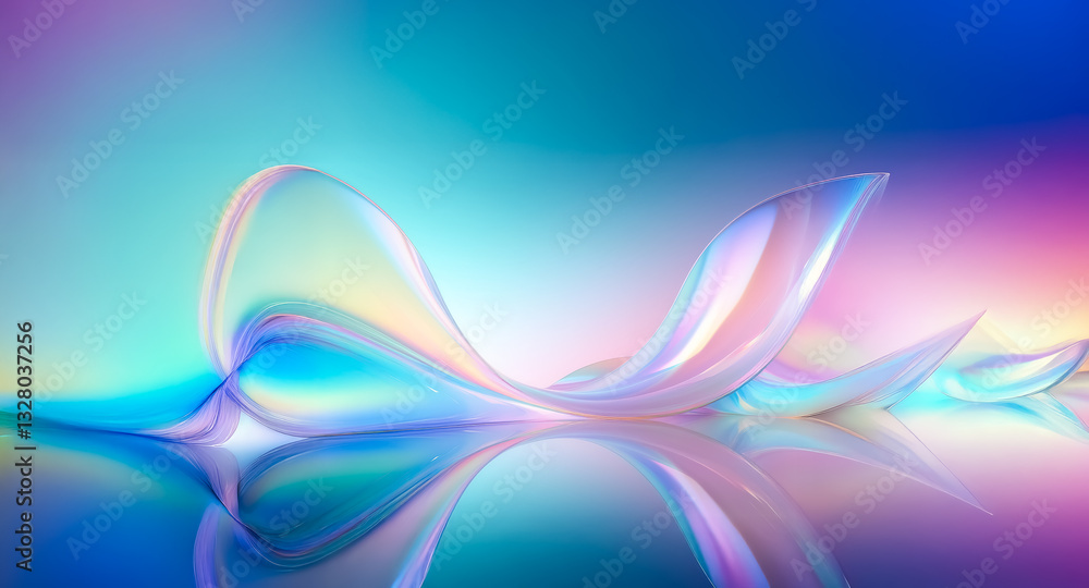 Poster an iridescent abstract form gracefully flows across a reflective surface. a vibrant gradient backdro