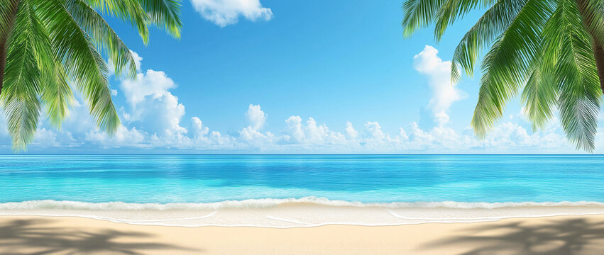 Beach with palm trees and a sea banner background
