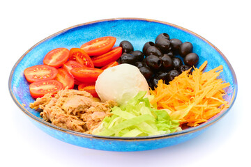 Salad with Buffalo mozzarella, tuna fish, cherry tomatoes, iceberg salad, olives, carrots,  in the blue plate with white background