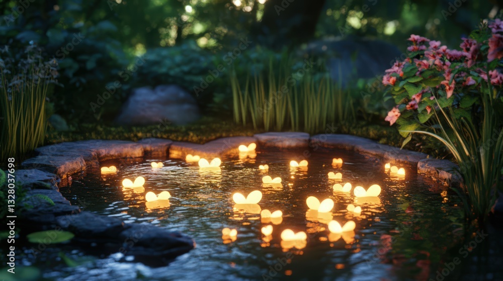 Poster enchanting pond with illuminated floating candles in a serene nature setting