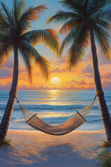 Obraz premium Sunset Serenity: Unwind in a Hammock Overlooking a Tranquil Ocean