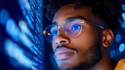 Focused programmer analyzing code on screen