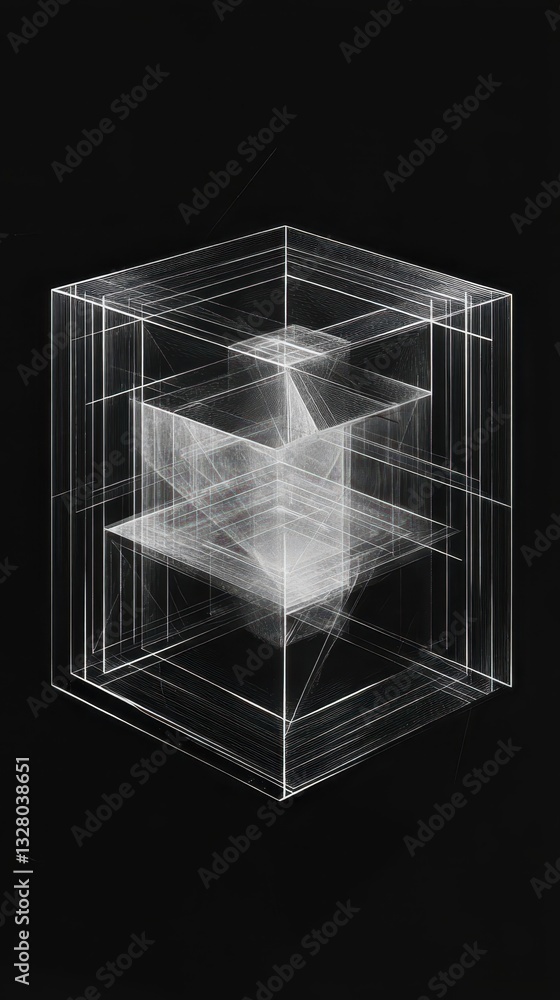 Poster intricate abstract drawing depicting nested translucent geometric cubic shapes