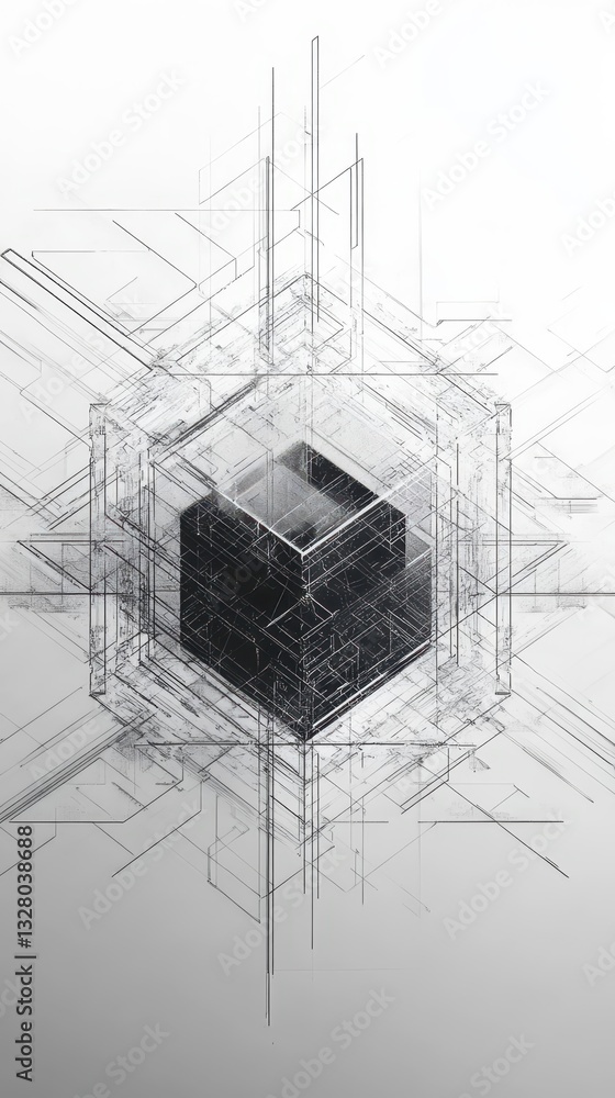 Poster abstract geometric cube shapes composed of delicate intersecting lines