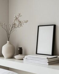 Minimalist home decor shelf with frame, vase, and books.