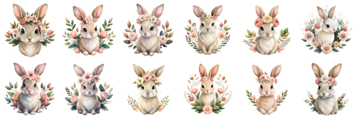 Twelve Adorable Bunnies with Flower Crowns Easter Spring Watercolor Illustration