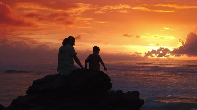 A father and son cherish a stunning sunset by the ocean in Costa Rica, surrounded by serene beauty and warm evening tones, creating lasting memories and appreciating natures tranquility