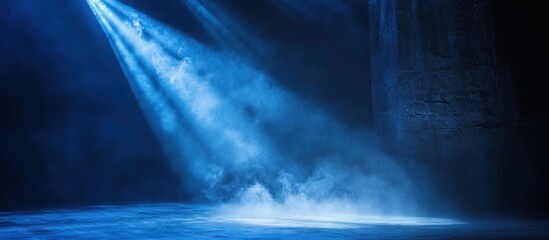 Mystical illumination, Spotlights and ethereal dust in a cavernous blue space