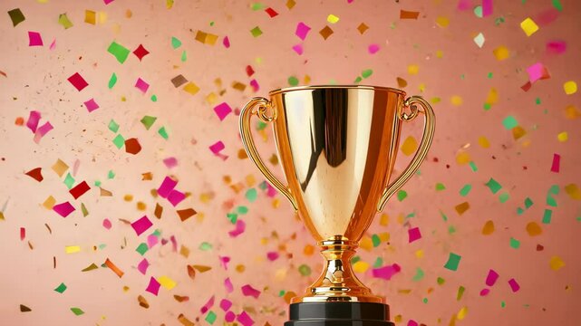 Shiny Gold Trophy Cup on Colorful Confetti Background Celebrating Success Achievement Award Recognition in Vibrant Style for Sports Event and Team Competition with Pink Backdrop