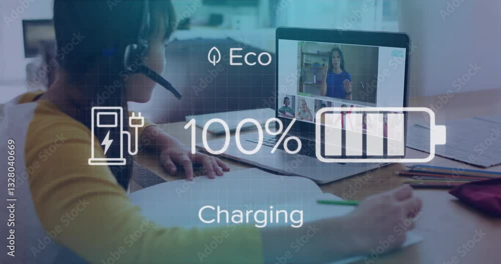 Aufkleber using laptop for video call, person checking charging and battery status animation