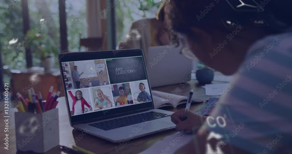 Poster in school, child taking notes during online class with animation on screen