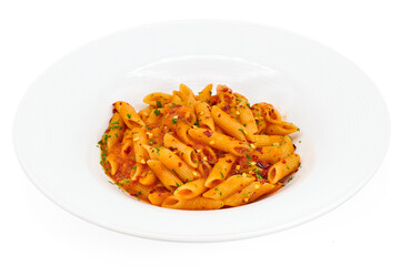 Penne all'arrabbiata made with penne pasta, tomato sauce, garlic, chili flakes, with the white background