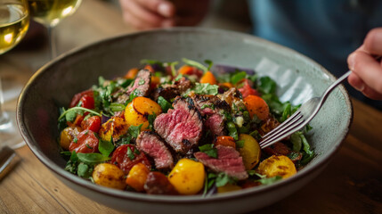 A person enjoys a vibrant salad filled with fresh vegetables and meat, using a fork and knife, emphasizing nutritious eating and a balanced lifestyle