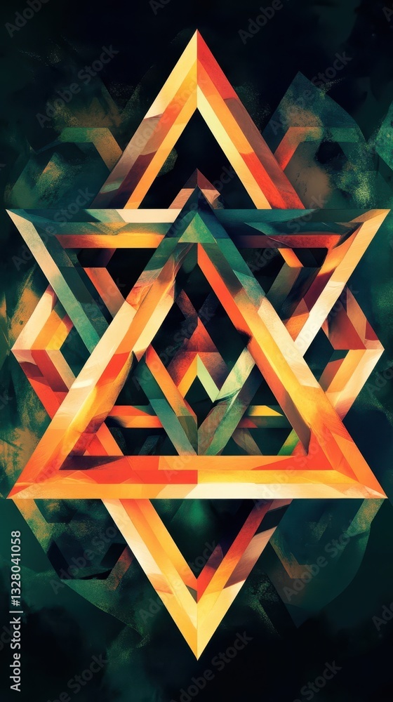 Poster an abstract digital illustration featuring overlapping geometric triangular shapes