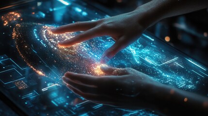 Hands Interacting with a Cosmic Display of Stars and Data Creating a Dynamic Visualization that Represents Connection and Discovery in a Futuristic Environment