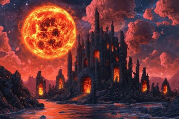 An imposing castle glows under a fiery sun in a dramatic landscape